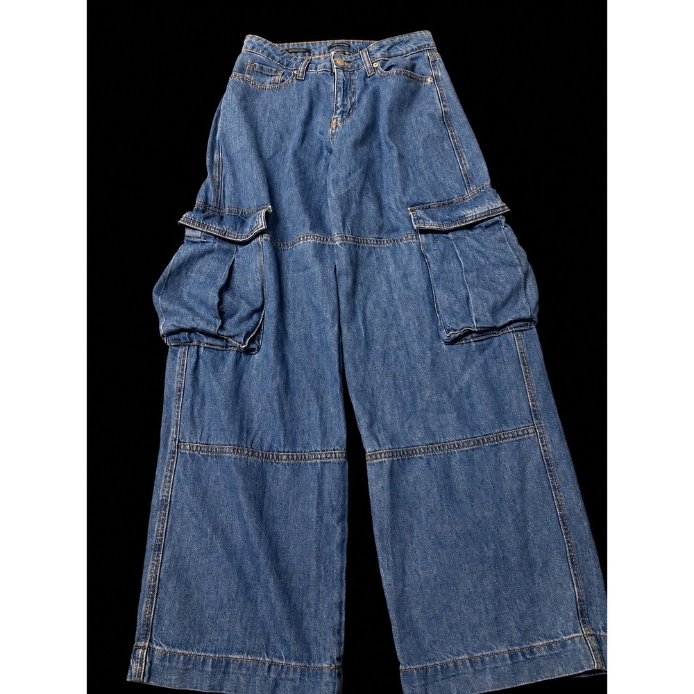 Y2K Cargo Wide Leg Oversized Jeans Streetwear Utility Baggy Denim Womens Size 2 - Picture 1 of 6